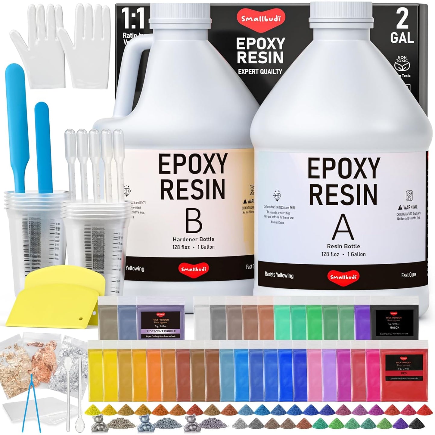 2 Gallon Epoxy Resin Kit with 36 Colors Mica Powder, Gold Foil, Cups & Stick, Crystal Clear Resin Beginner Supplies for Coating Casting Table, Molds, Jewelry Making, DIY Art Craft, 1:1 Ratio