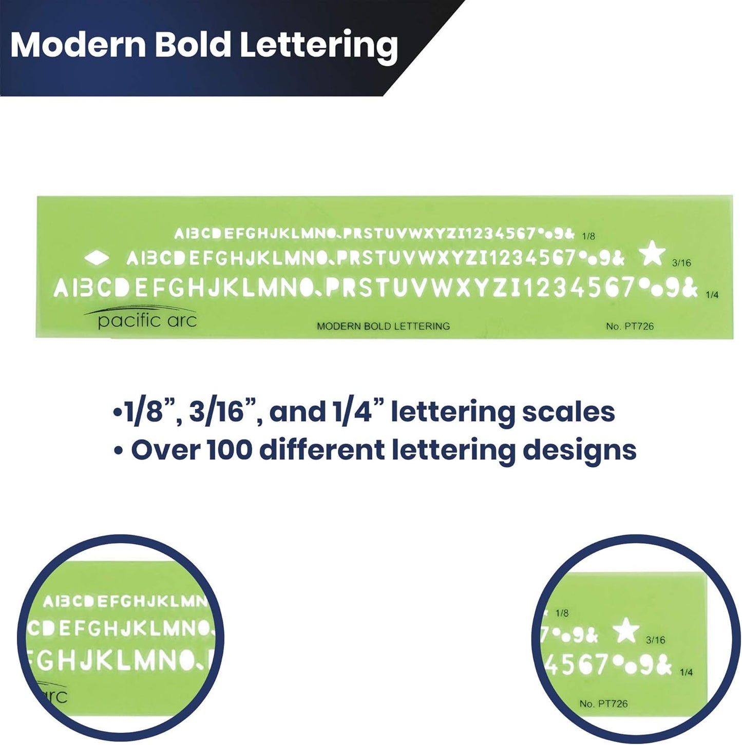 Pacific Arc Modern Bold Lettering Template Guide, with 1/8 to 1/4 Inch Letters
