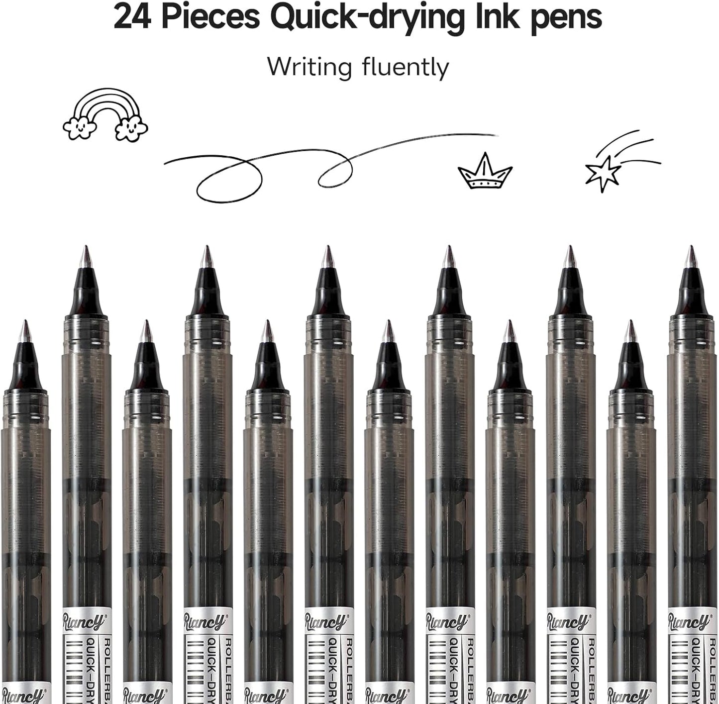 RIANCY Black Fine Point Gel Pens 24Pcs 0.5mm Gel Ballpoint Pens Black Liquid Ink Pens No Smear No Bleed, Smooth Writing Pen for Journaling Note Taking Drawing Sketching Coloring Office School Supplies