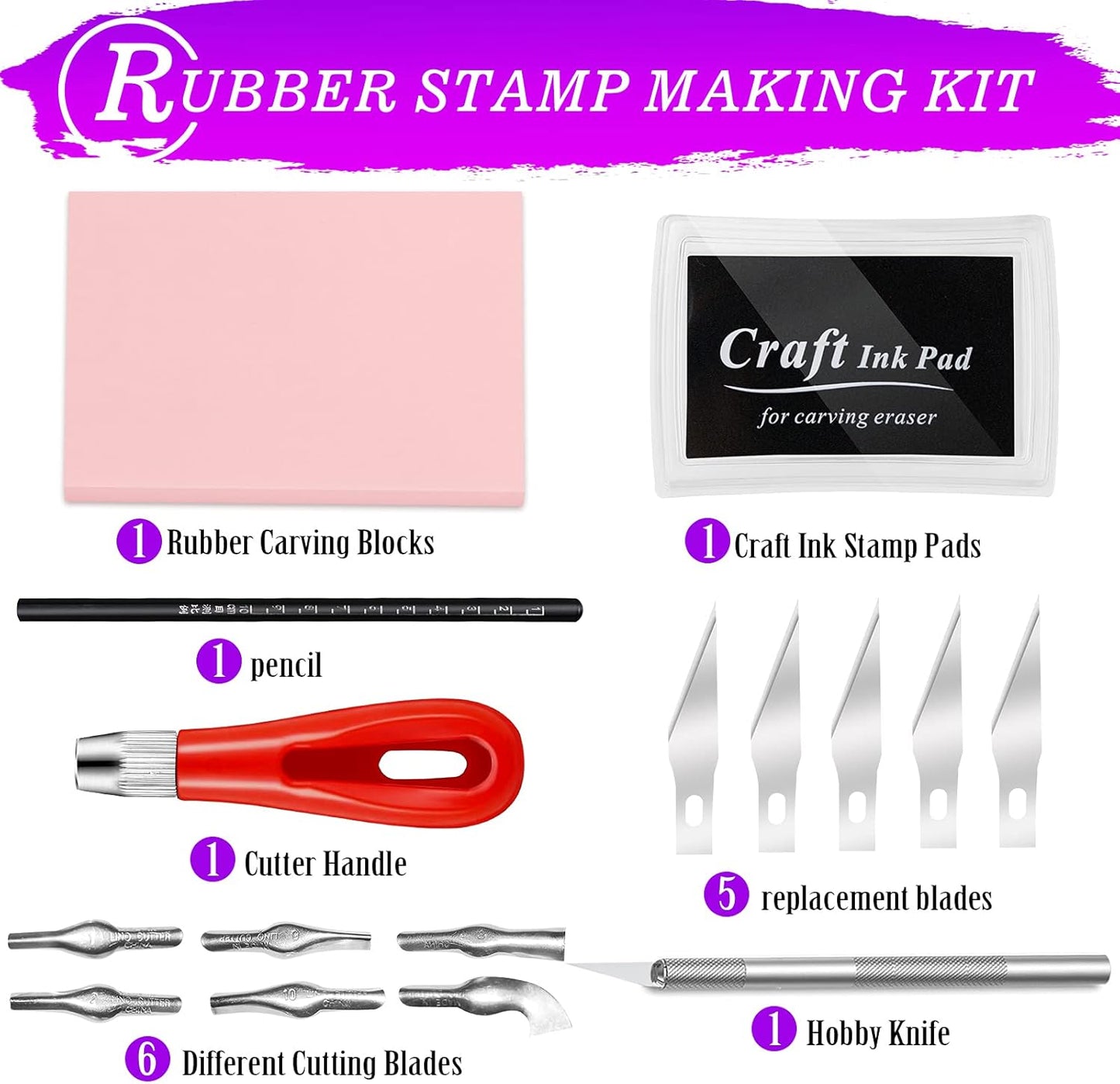 WAYCOM Rubber Stamp Making Kit - Linoleum Cutter Set, Hobby Knife, Pencil for DIY Stamp Carving Craft
