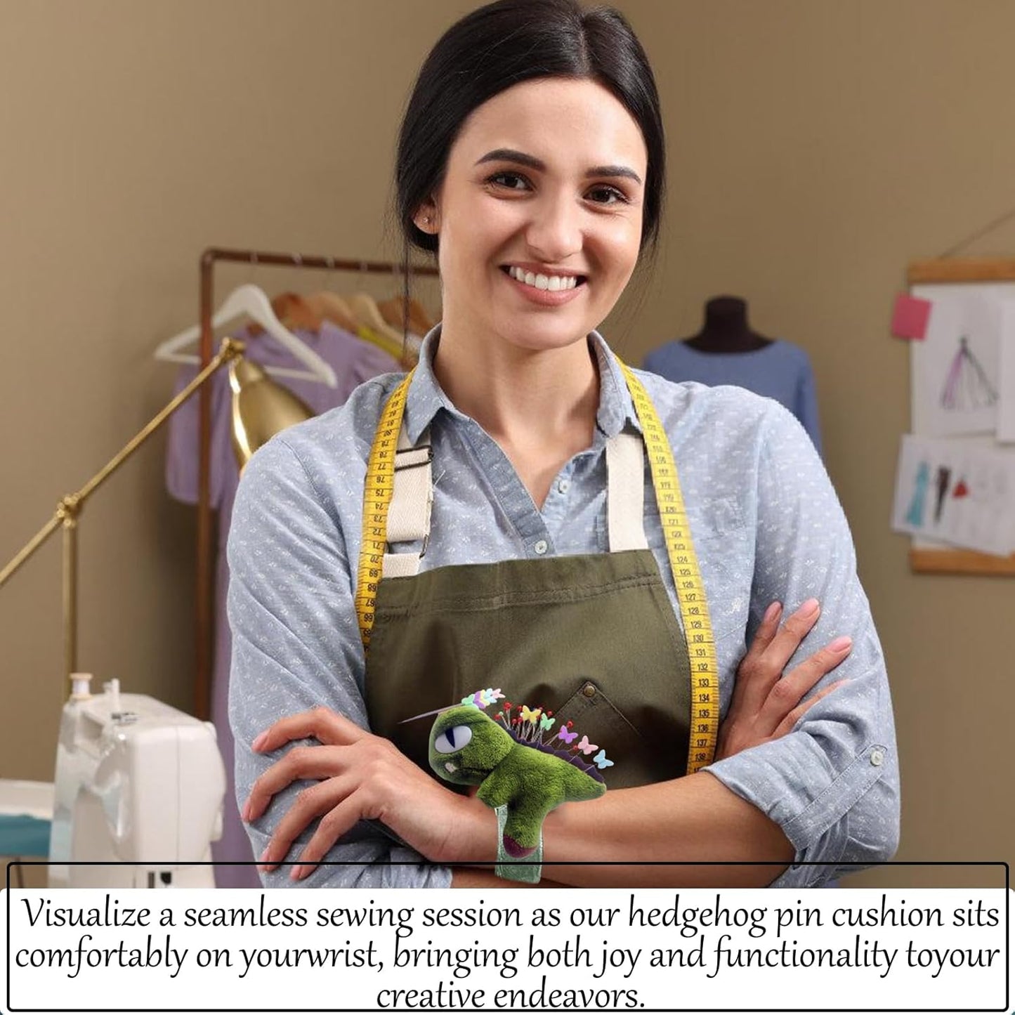 Cute Dinosaurs Wrist Pin Cushion for Sewing with Magnetic, Snap Bracelet Wrist Bands for Pins and Needles Include 50 Lovely Butterfly Straight Pins.