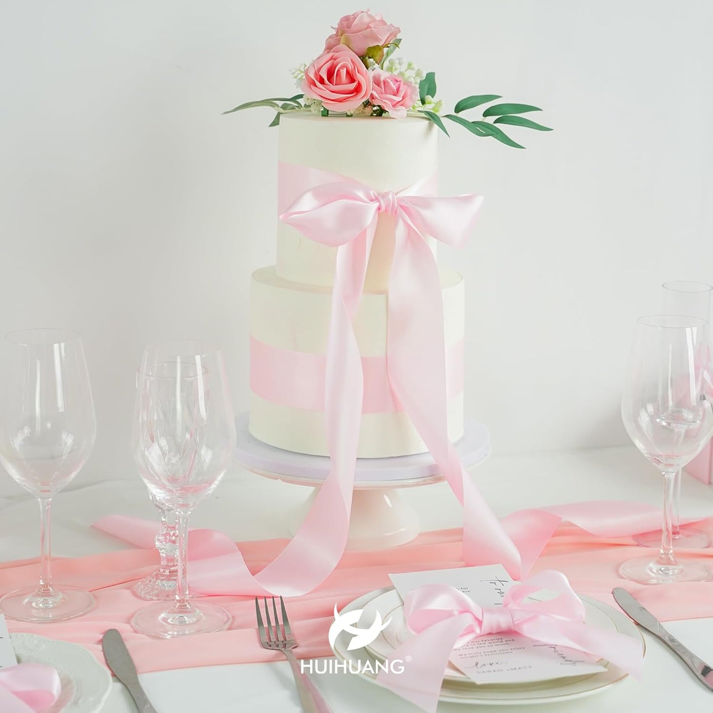 HUIHUANG Pink Ribbon 2 inch Wide Double-Faced Baby Pink Satin Silk Ribbon for Flower Bouquet Wrap, Baby Shower, Wedding Decor, Gift Wrapping, Hairs, Hats, Crafts and Bows Making- 25 Yards/Roll