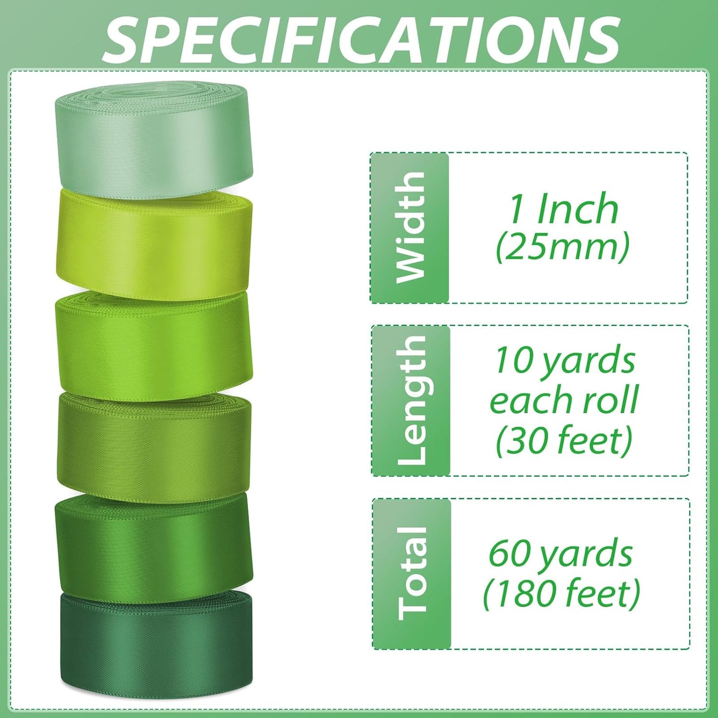 1 Inch Green Satin Ribbons for Crafts, 6 Rolls Single-Faced Green Assorted Ribbons for Gift Wrapping Flower Bouquet Wedding Invitations Bridal Shower Hair Bows Garland Party Decor