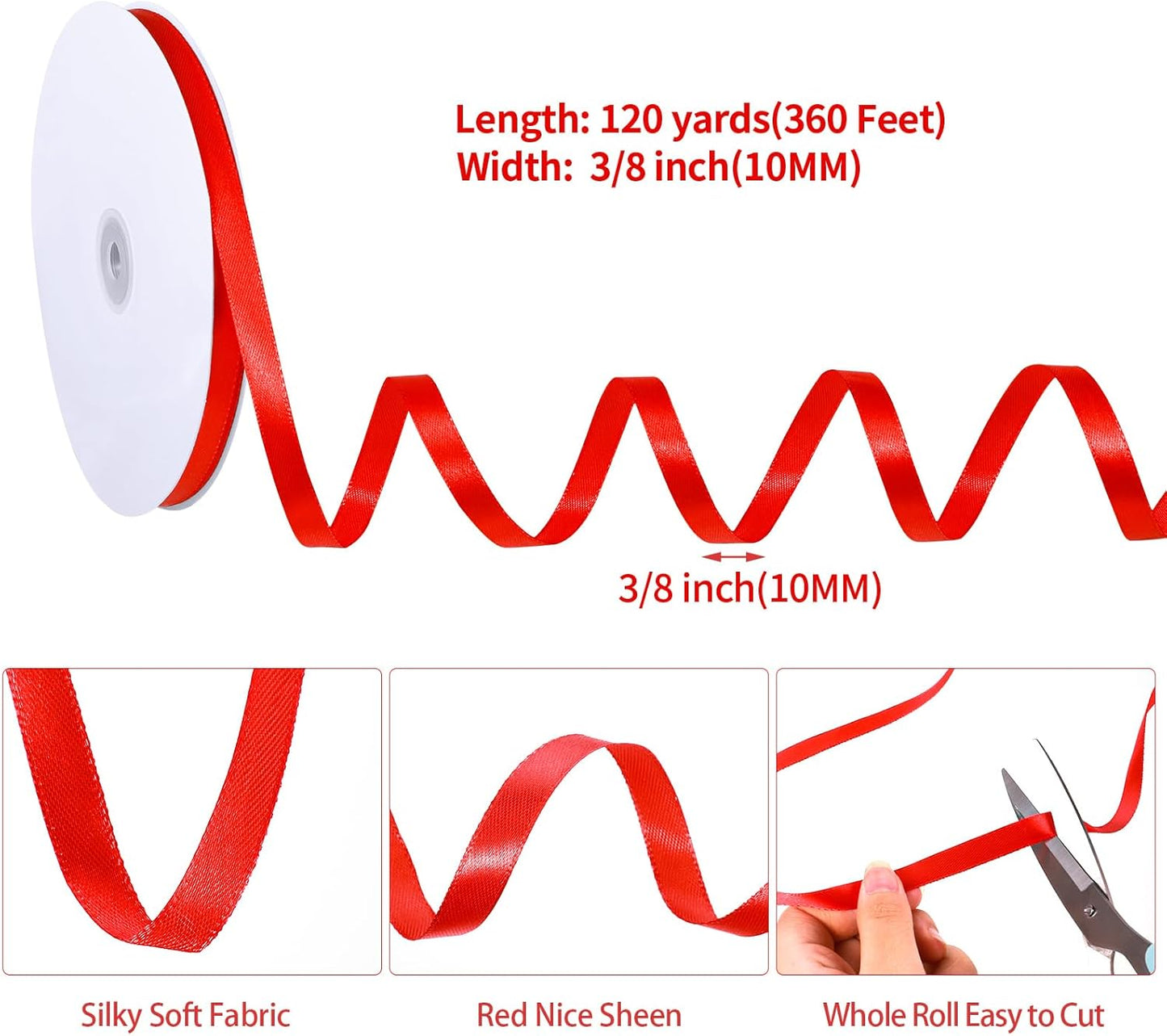 Red Ribbon 120 Yards 3/8 Inch Thin Red Satin Ribbon Craft Fabric Christmas Ribbons for Hair Bow Making Gift Wrapping Floral Bouquet Wedding Party Christmas Decorations