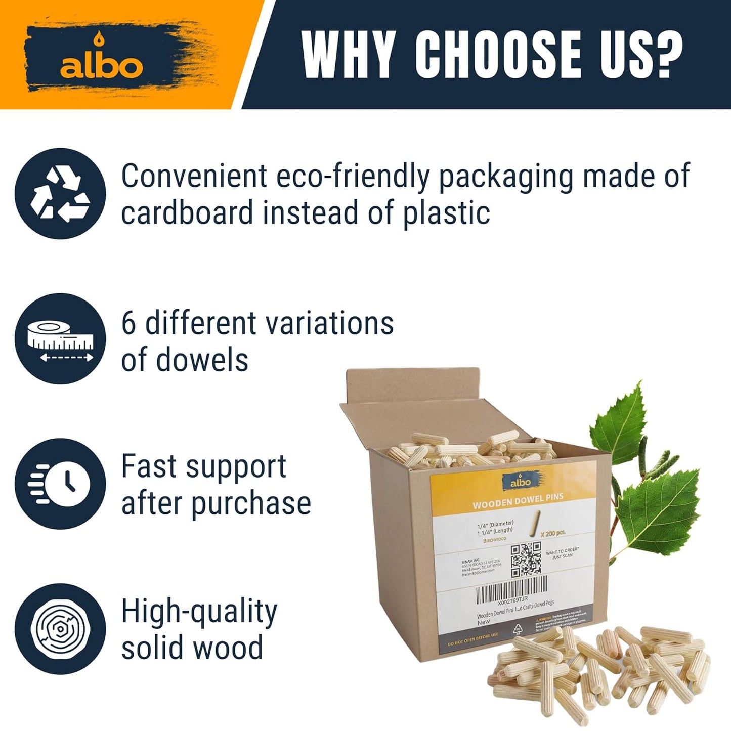 ALBO Wooden Dowel Pins 1/4 x 1-1/4 inch Fluted Wood Dowels Rods 200 Pack Hardwood Crafts Dowel Pegs