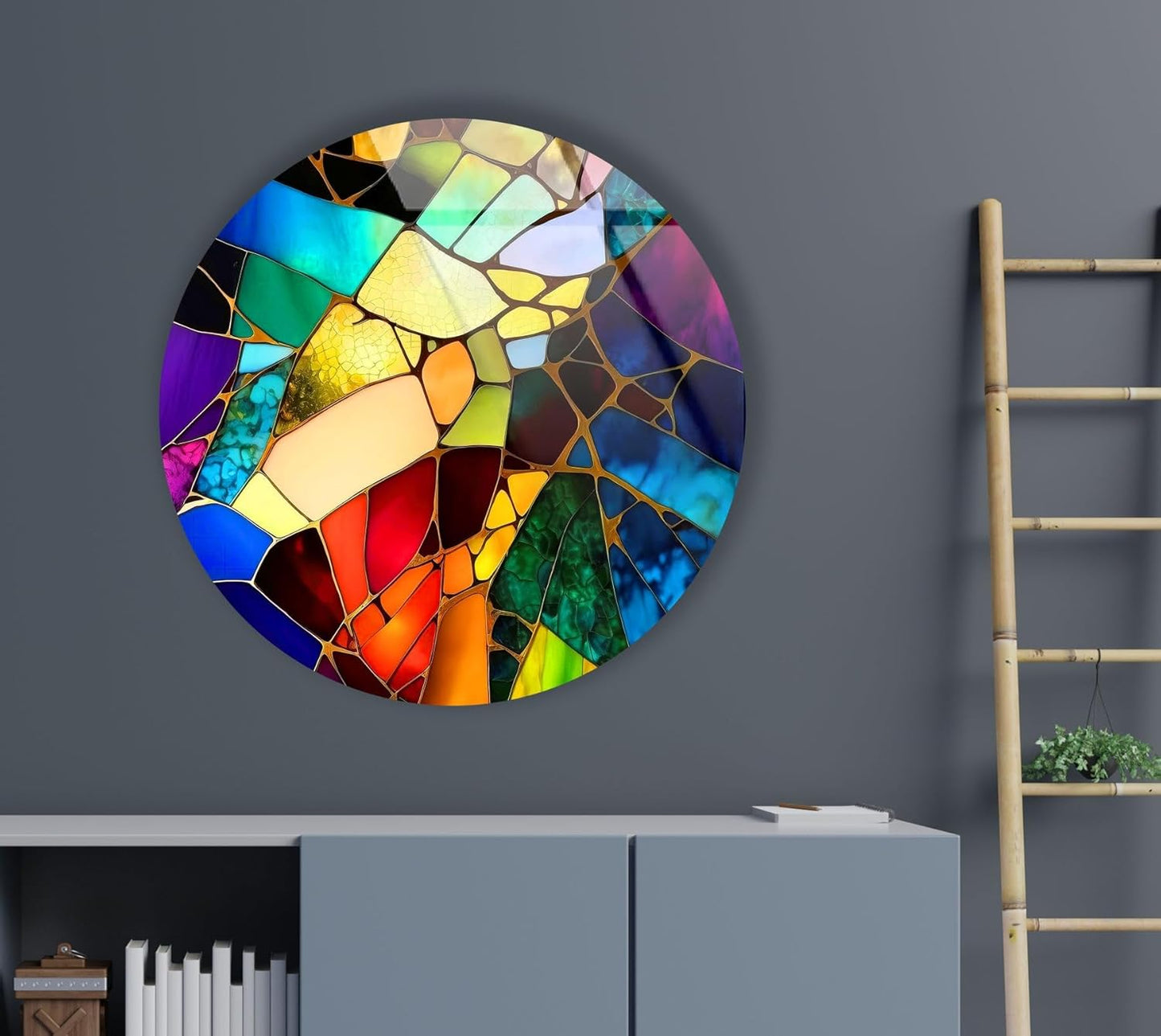 My Photostation.com 24''(60cm) Diameter Multicolor Round Stained Glass Wall Art Vibrant Mosaic Abstract Panel Tempered Glass Printing Wall Decor Large Wall Art Wall Hangings
