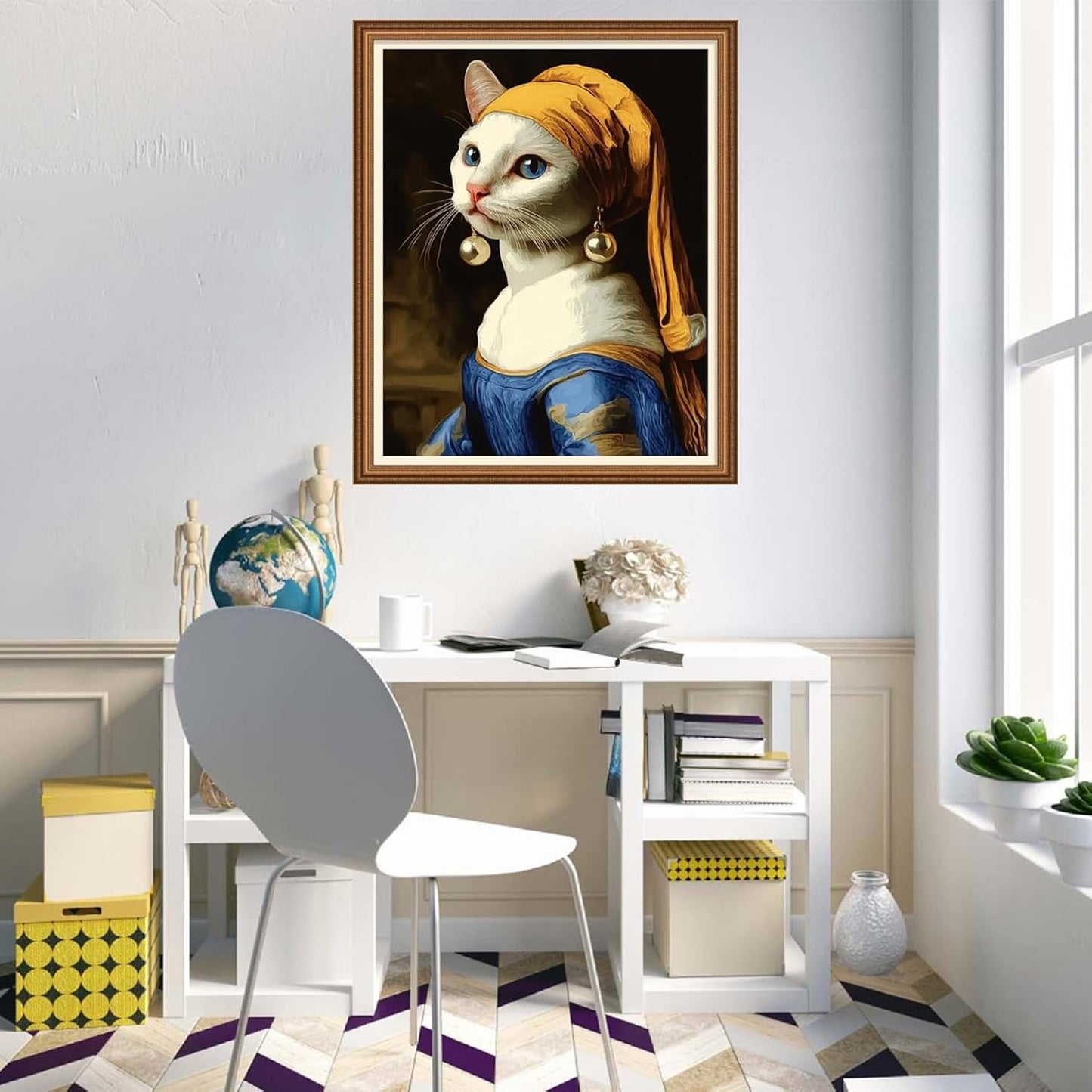 Disnesart Cross Stitch Stamped Full Embroidery Kits DIY 11CT Cotton Thread Printed DIY Needlepoint Kits Craft Needlework Set Cross-Stitch Stamped Sets-Abstract cat with Pearl Earrings 16x20 inch