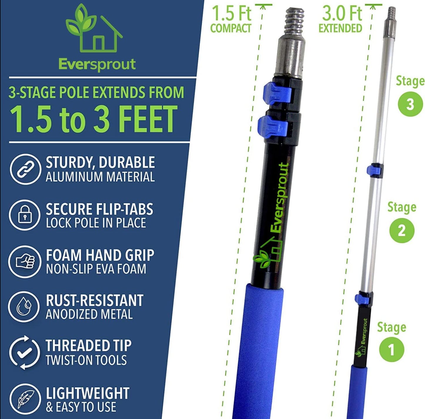 EVERSPROUT 1.5-to-3 Foot Telescopic Extension Pole | Lightweight Sturdy Aluminum Handle | Easy to Use Flip-Tab Lock Mechanism | Twist-On Metal Tip Works for Squeegee, Duster, Paint Roller (Pole only)