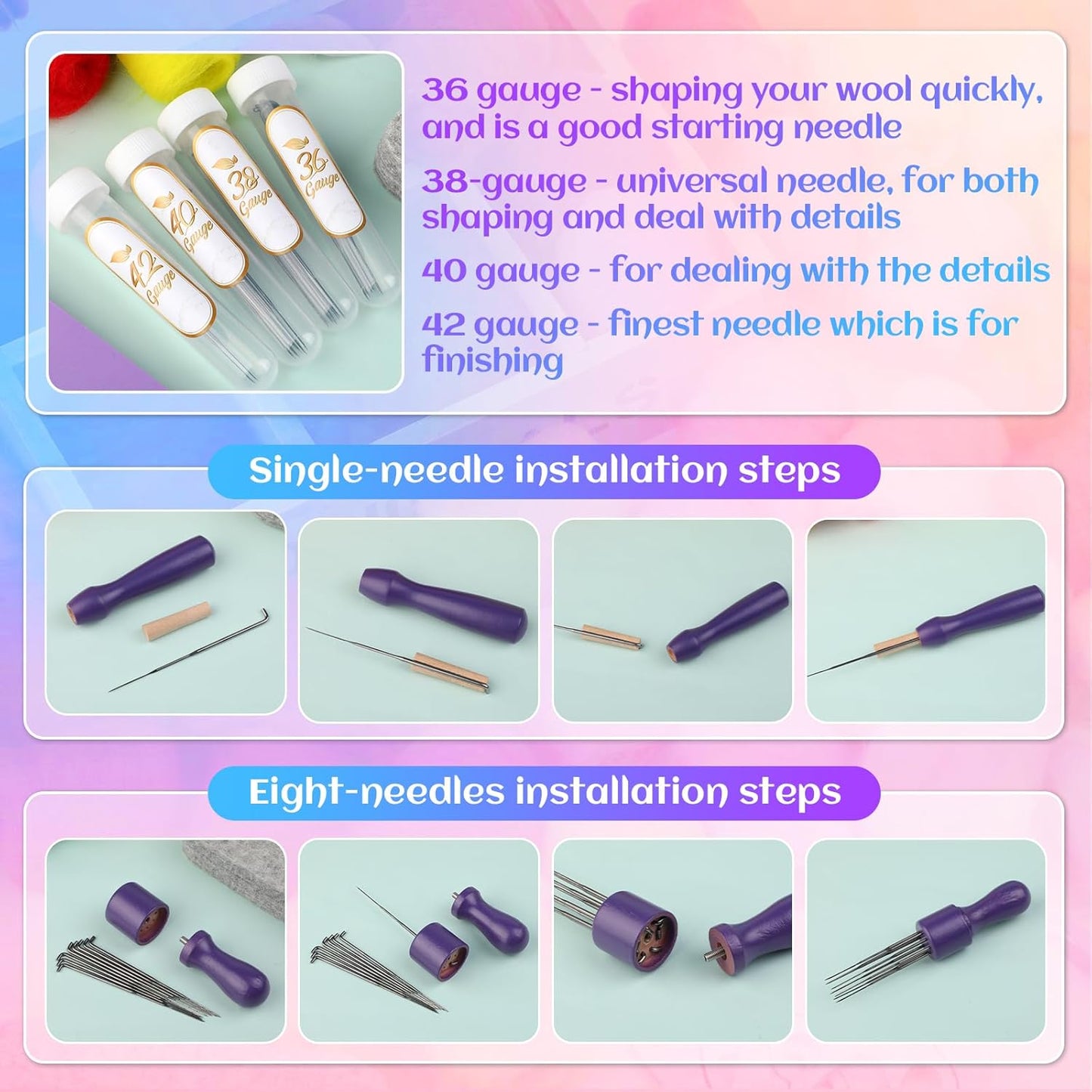 Mayboos Needle Felting Kit, 50 Colors Wool Roving Set, Needle Felting Starter Kit for Beginners with Wool Felting Tool Mat Needle Felting Supplies for DIY Crafts Home Decoration