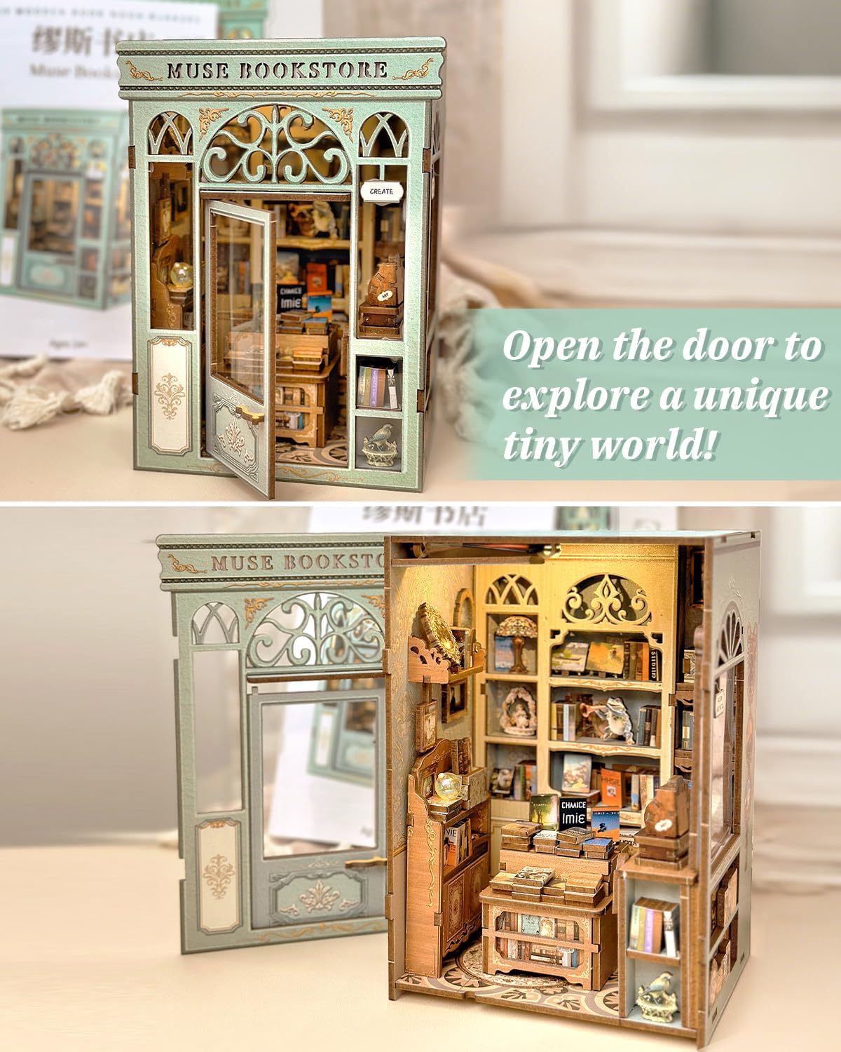 CUTEBEE Book Nook Kit - DIY Miniature House Dollhouse Kit for Adults and Teens, Booknook Tiny House Bookshelf Decor 3D Wooden Puzzle, Gifts for Family, Friends (Muse Bookstore)