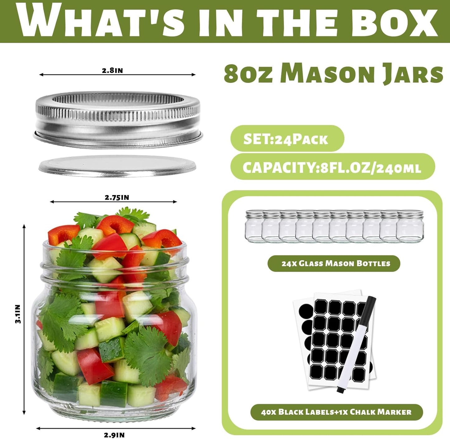 8 oz Glass Mason Jars, 24 Pack Clear Glass Jars with Regular Lids, Canning Jars for Honey, Yogurt, Wedding Favors, Food Storage, Vegetables, Includes 40 Black Labels