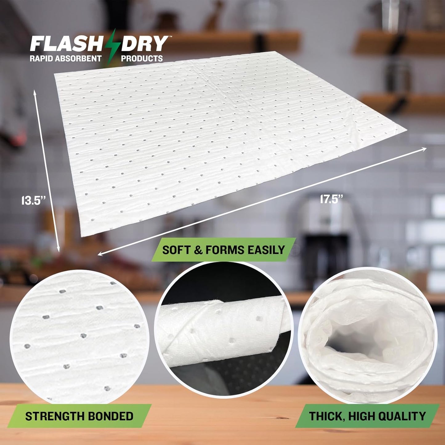 FLASHDRY Marine Oil & Fuel Spill Absorbent Pads - 17.5” x 13.5”, Water Repellent, Effective Spill Control, Marine Protection, High-Performance, Eco-Friendly, Tear Resistant - 300 Pads in Total