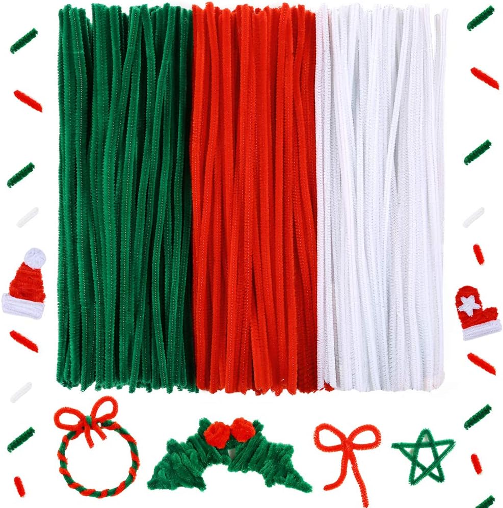 Caydo 300 Pieces 12 inch Christmas Pipe Cleaners for Christmas DIY, Creative Crafts Decorations (Red, Green, White)