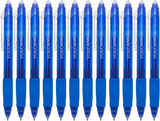 Volcanics Retractable Clicker Erasable Gel Pens - 0.7mm Ball Point, Heat Erase with Built-in Eraser, 12 Pack Blue