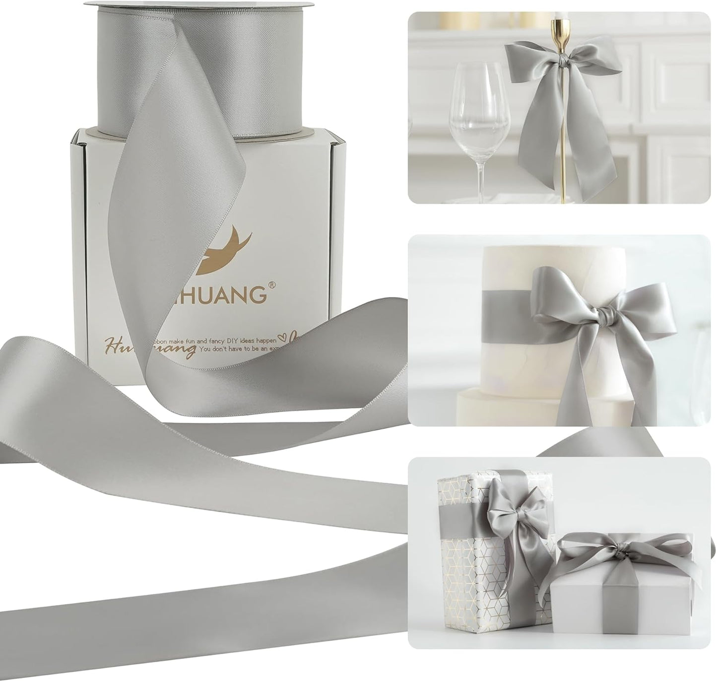 HUIHUANG Silver Satin Ribbon 2 inch Wide Double Faced Satin Ribbon Silver for Gift Wrapping, Bows Making, Flower Bouquet, DIY Crafts, Wedding, Holiday Party Decor - 25 Yards/Roll