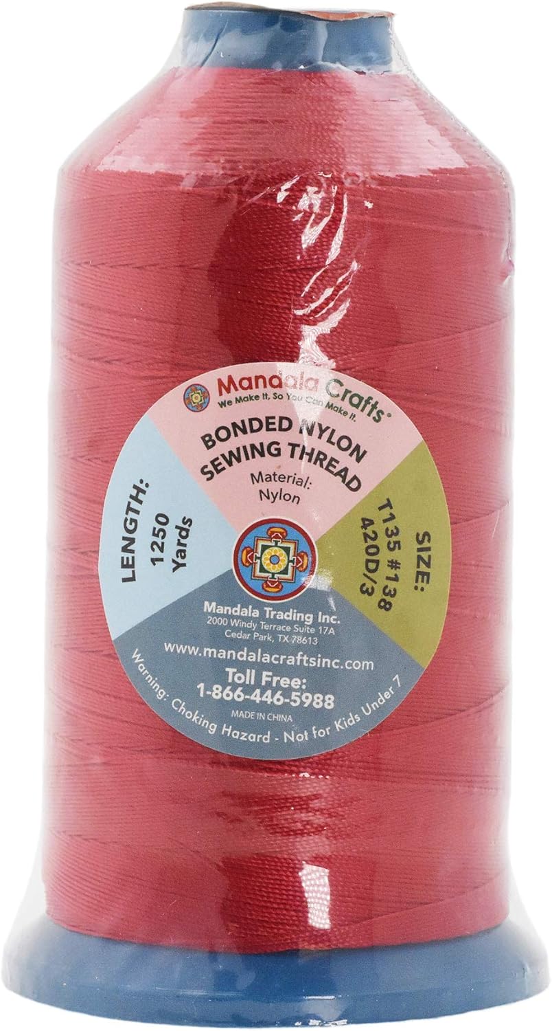 Mandala Crafts Bonded Nylon Thread Red Heavy Duty Sewing Threads - 1250 YDs Size 138 420D T135 Tex 135 Thread for Leather Jeans Weaving Outdoor Marine Upholstery Threads