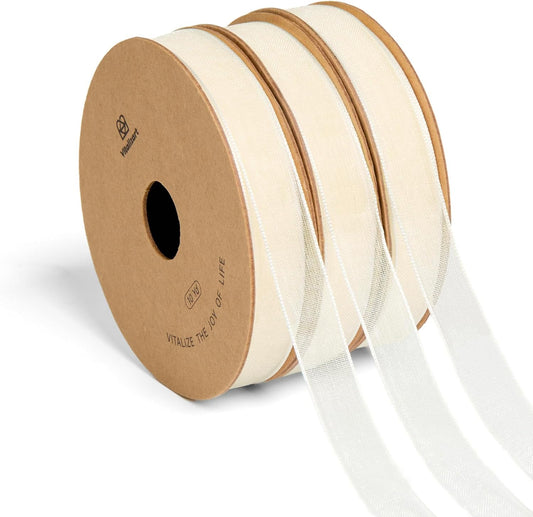 Vitalizart 3/8" x 30Yd Organza Ribbon Cream White Sheer Ribbons Set 10 Yd x 3 Rolls Ivory Handmade Eco-Friendly for Gift Wrapping Christmas Tree Crafts Bows Wedding Invitations Wreaths