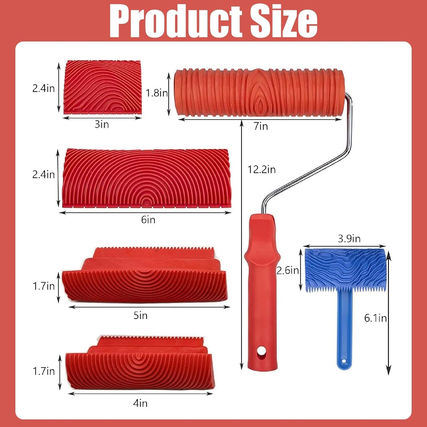 Wood Grain Tool, 6pcs 7" Fake Wood Grain Roller Painting Tool with Handle DIY Rubber Wood Grain Painting Tool Look Like Wood for Wall Room Art Paint Decoration