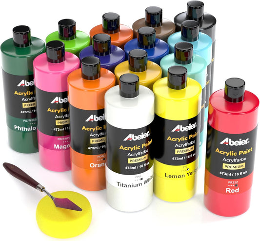 ABEIER Large Bulk Acrylic Paint Set, 15 Colors (473 ml/16 fl oz), Matte Finish, Rich Pigments, Non-Toxic Paints for Painting on Canvas Crafts Wood Ceramic, Ideal for Beginners and Students