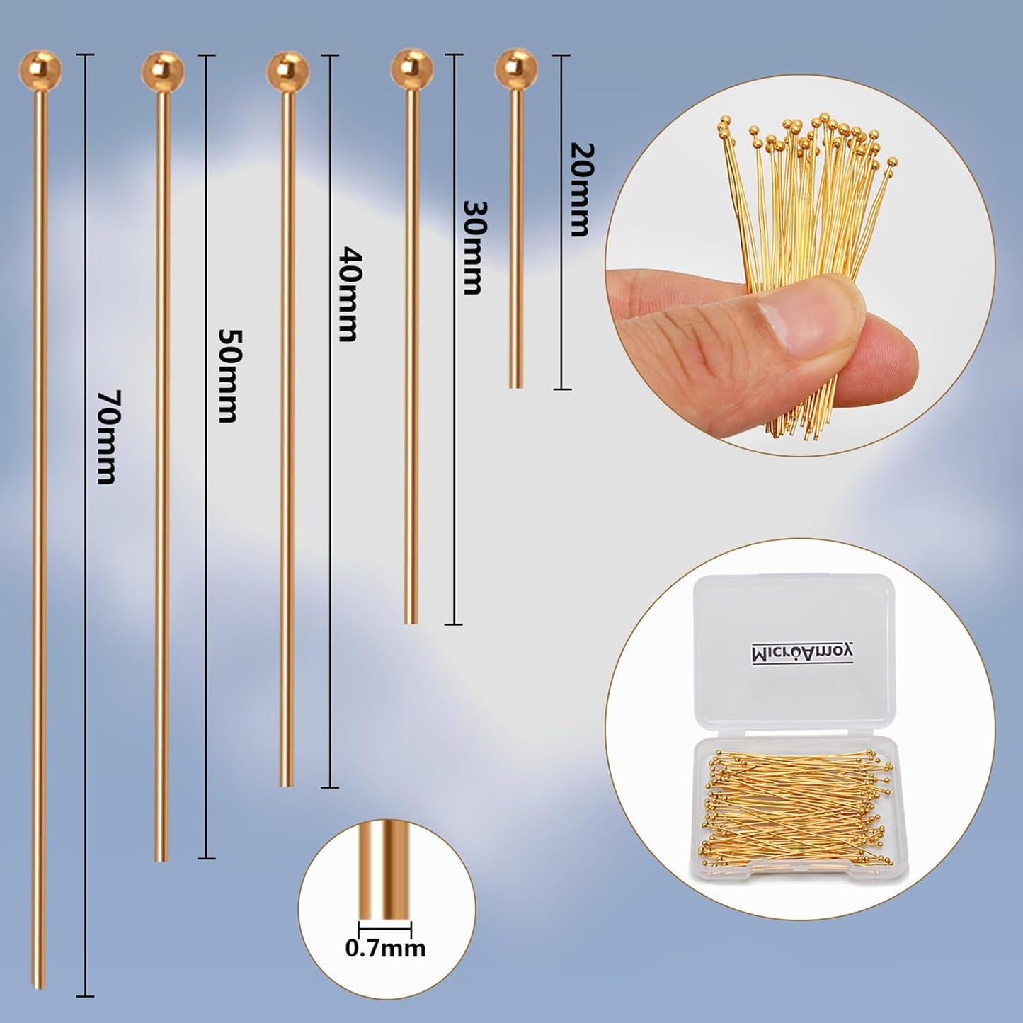 150pcs 18K Gold Filled Ball Pins Non Tarnish Craft Earring Bracelet Jewelry Making Accessories Supplies (30mm (1.18in), Gold-Ball Pin)