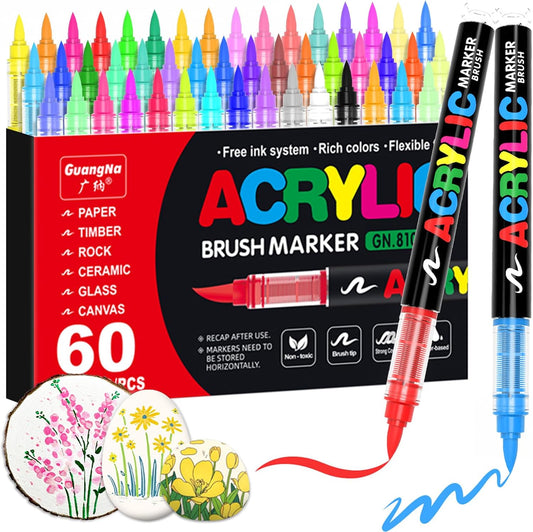 Guangna Acrylic Paint Markers,60 Colors with Direct-Liquid Ink Control System, Professional-Grade Paint Pen for Rock Painting, Canvas, Glass, Plastic, Fabric & Creative Crafts