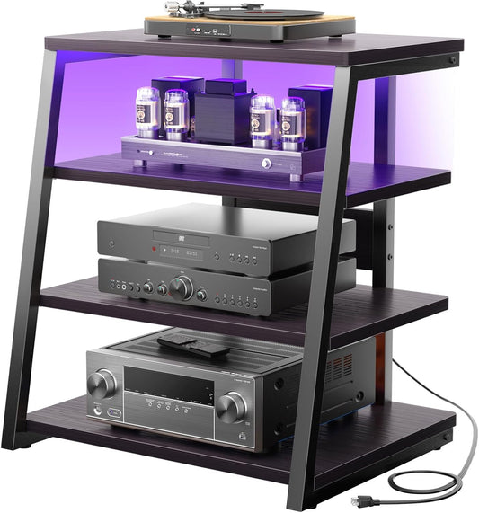 Armocity 4-Tier AV Media Stand with Power Strips, Stereo Stand with LED Lights, Rack Audio Tower with Adjustable Shelves, Small Entertainment Center, 30'', Black Ebony