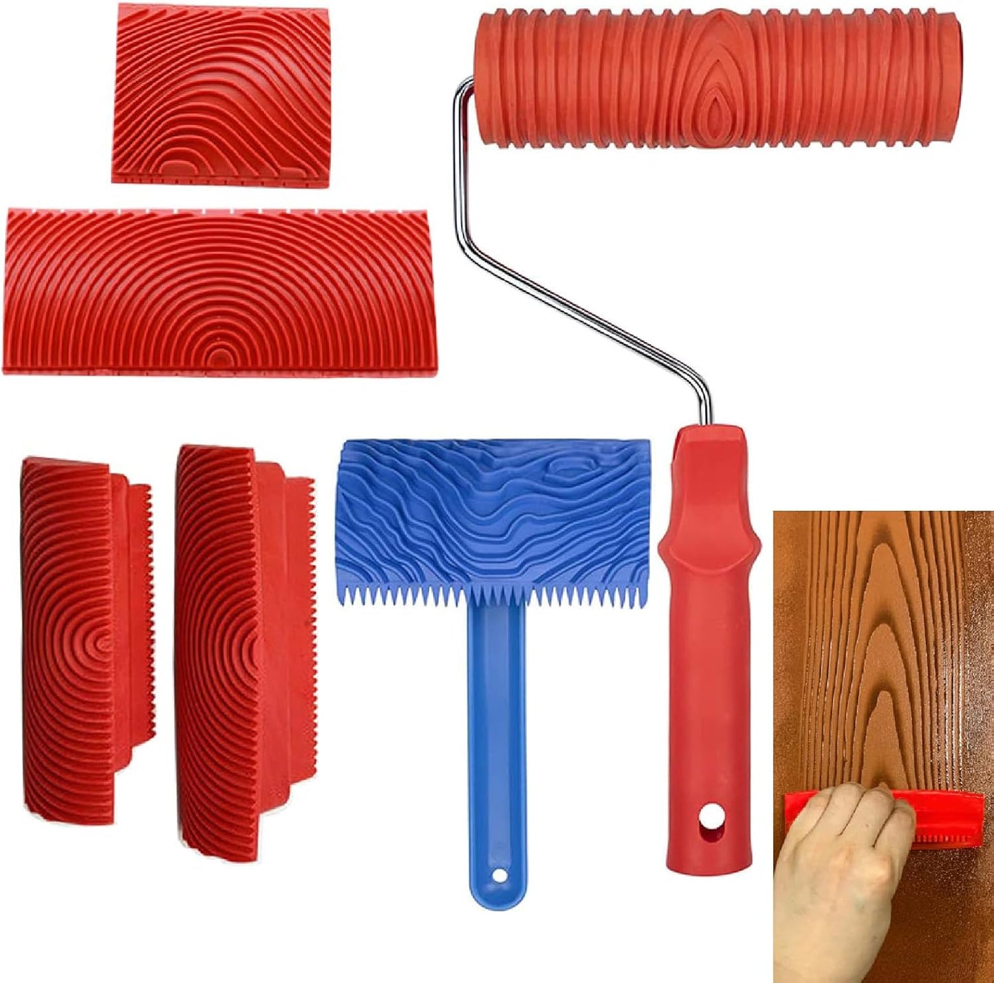 Wood Grain Tool, 6pcs 7" Fake Wood Grain Roller Painting Tool with Handle DIY Rubber Wood Grain Painting Tool Look Like Wood for Wall Room Art Paint Decoration