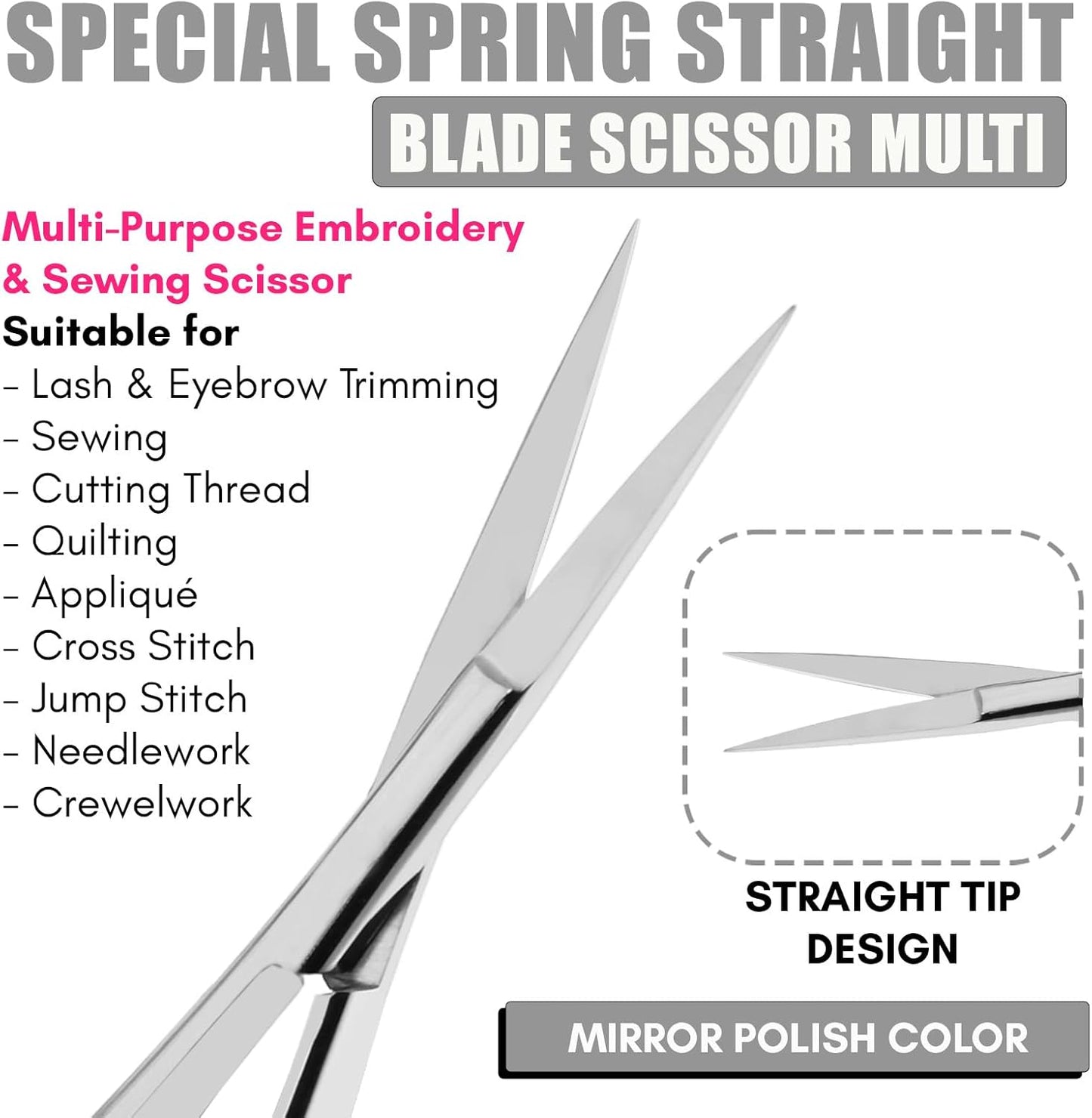 Cross Edge Spring Scissors 5 Inch straight Stainless Steel Precision Eyebrow & Eyelash Shaping & Trimming Scissor, Snips Squeeze, Embroidery, Knitting Micro Tip Craft Scissors (Silver)