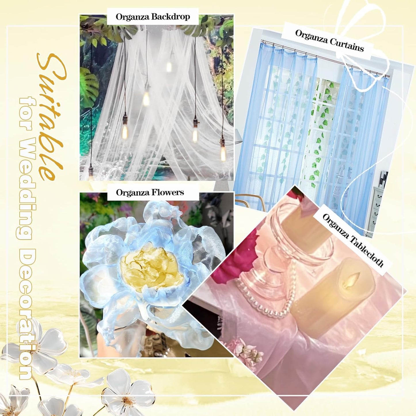 VACVELT Sheer Organza Fabric by The Yard, 60 Inch Wide Gold Organza Fabric Bolt Bridal Sheer Tulle Fabric, Silk Organza Roll for Wedding Party Decorations Backdrop Curtain (2 Yards)