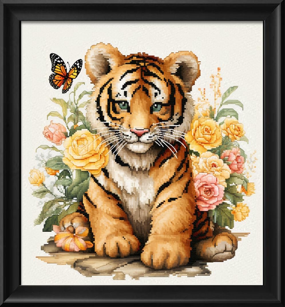Leczany Cross Stitch Stamped Kit for Adults or Kids - Little Tiger and Butterfly | DIY Embroidery Starter Patterns Craft Kit Needlepoint for Beginner | 11CT, 3 Strands | 14.2x15.8 inches