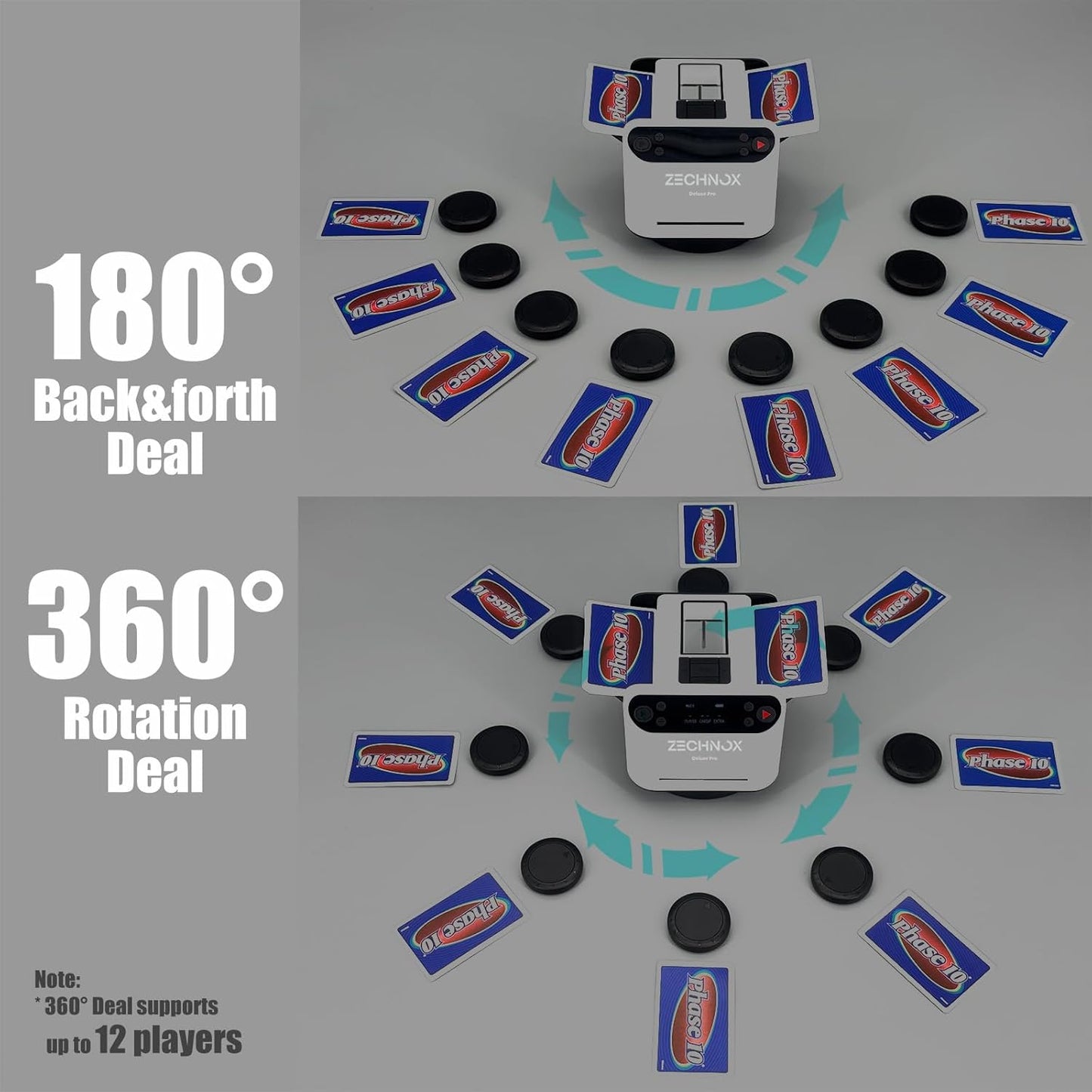 2025 New Smart 2-in-1 Automatic Card Shuffler and Dealer,Programmable Card Dealer,Card Shuffler 2 Deck,360° Rotation,Ultra Quiet,Rechargeable,Support 12 Players,with 4 Wireless Buttons (White&Black)