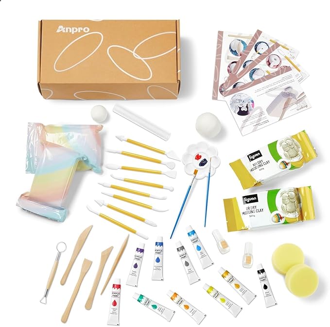 Anpro Craft Air Dry Clay Kit for Adults - Ultimate Beginners Pottery Kit with Clay, Tools, Paints, Brushes & Varnish | DIY Craft Kit for Home