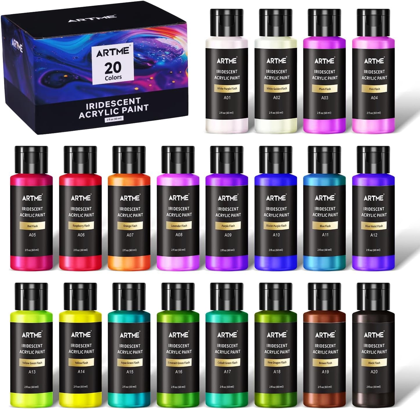 ARTME Iridescent Acrylic Paint Set, 20 Chameleon Colors in 2 oz/60ml Bottles, Color-shifting Acrylic Paint Perfect for Artists, Beginners on Canvas, Rocks, Wood, Fabric, Ceramic