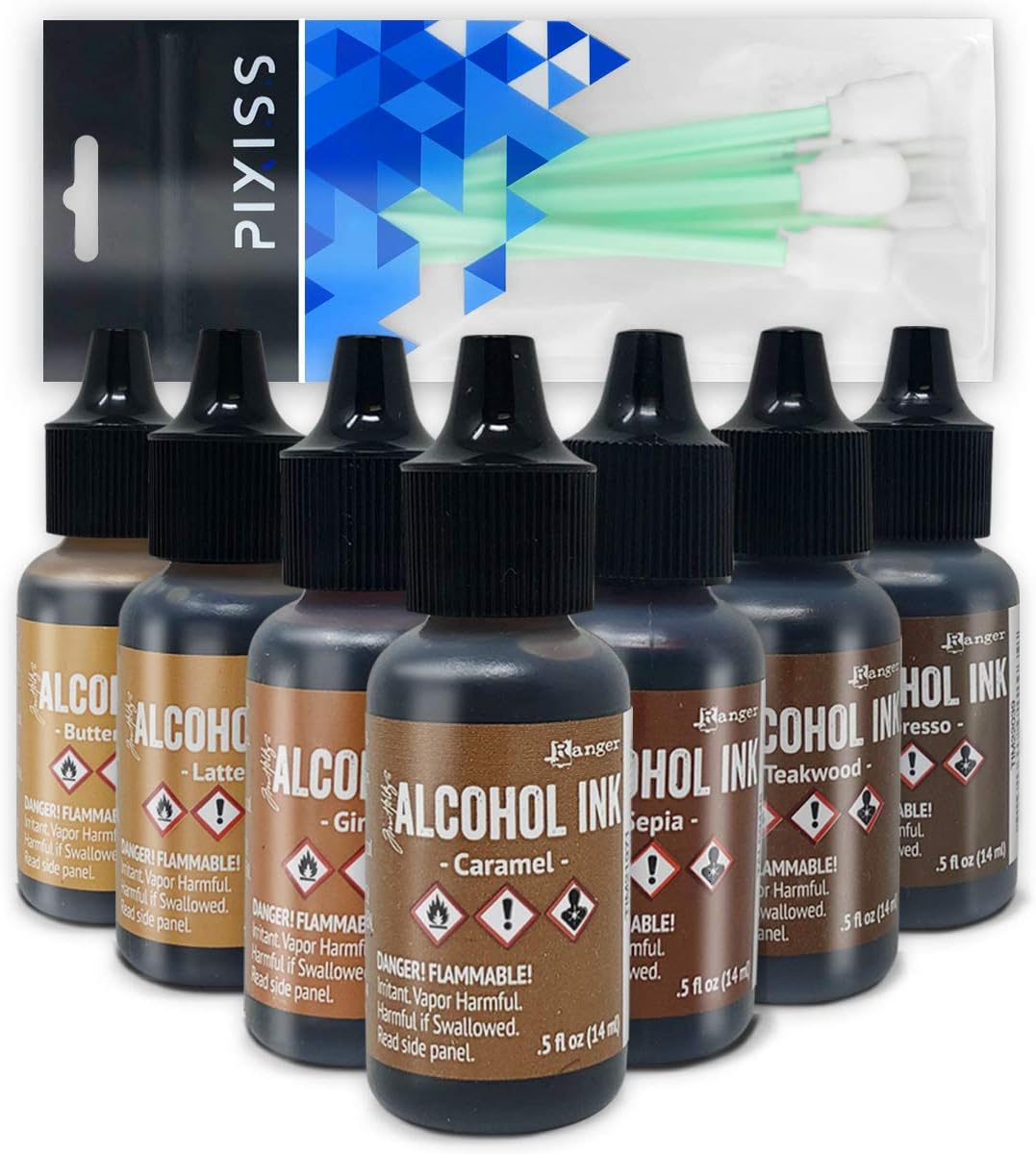 Brown Alcohol Inks Set | Tim Holtz Alcohol Inks Shades of Brown 7-Pack | Teakwood, Espresso, Latte, Ginger, Caramel, Sepia, Butterscotch | 10 Pixiss Alcohol Ink Blending Tools