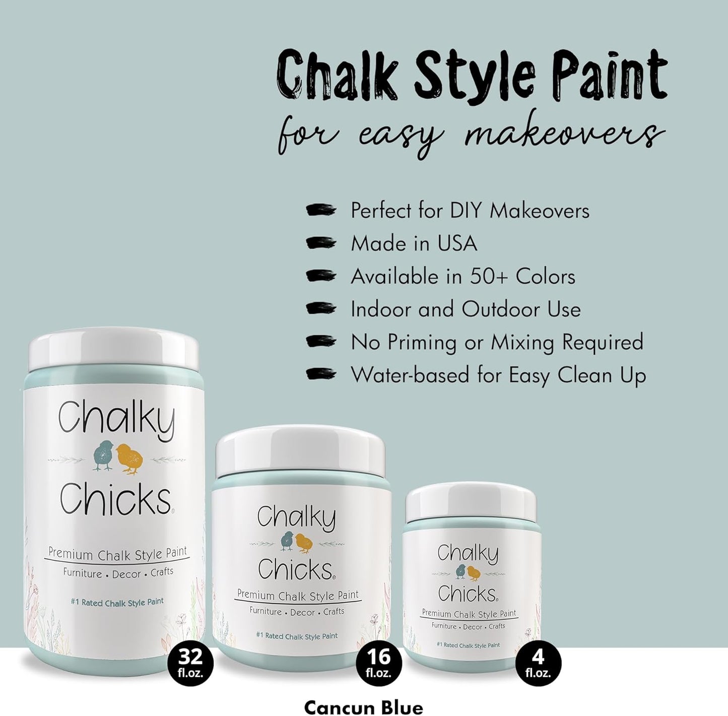 Chalky Chicks All-in-One Chalk Paint for Furniture or Cabinet - 16Fl Oz -Matte Finish Cancun Blue (Light Blue) for Metal, Wood Furniture Paint - No Sanding All-in-One for Home Decor & Crafts, USA Made