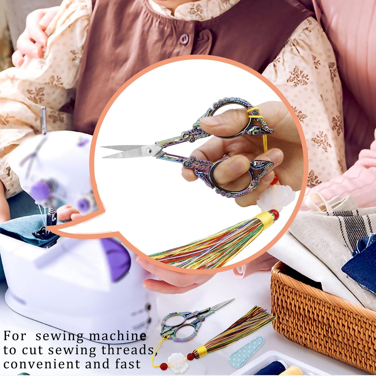 BIHRTC 4.5Inch Sewing Scissors Stainless Steel Sharp Tip Scissors with Leather Cover Tassel Small Crafting Household Shear for Cross Stitch Needlework Beading DIY Threading