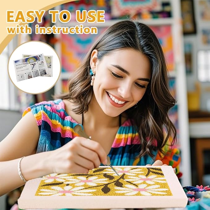 Doodlream Daisy Flowers DIY Punch Needle Embroidery Kit for Adult Beginner, 9.4" Floral Punch Stitching Craft Set for Starter with Frame, Fabric Pattern, Threader, Yarn, Pinch Needle