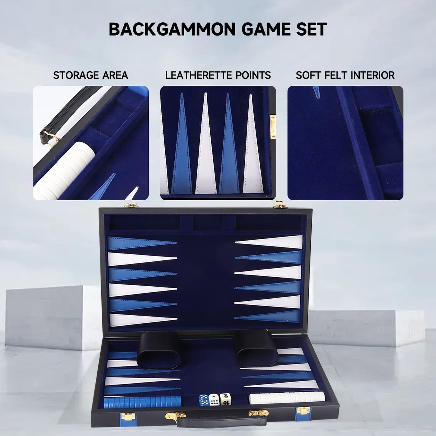 GSE Games & Sports Expert Premium Leather Backgammon Board Game Set, Classic Backgammon Game Set with Leather Case, Travel Folding Board Game (Black&Blue, Medium)