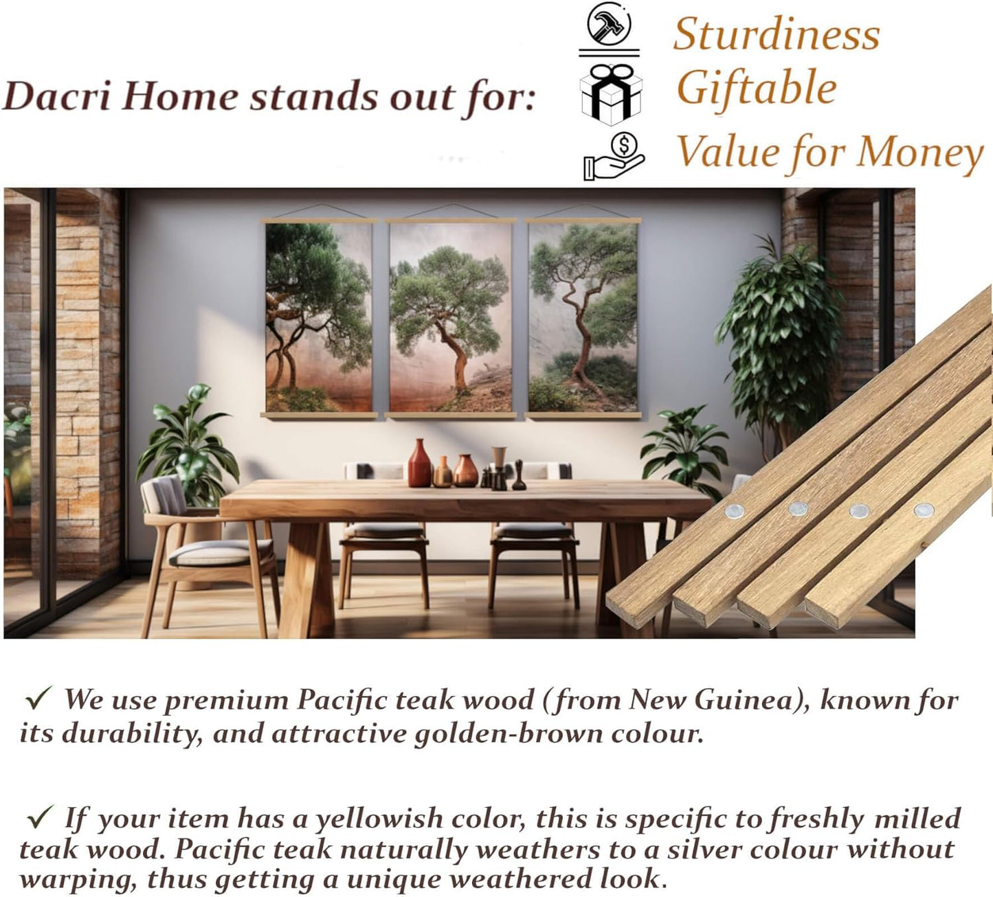 DACRI HOME 48" Sturdy Magnetic Poster Hanger Frame - Teak Wood Poster Frame, Strong Magnets for Safe Hanging Maps Pictures Print Scroll Wall Art (48 Inch, Natural Wood)