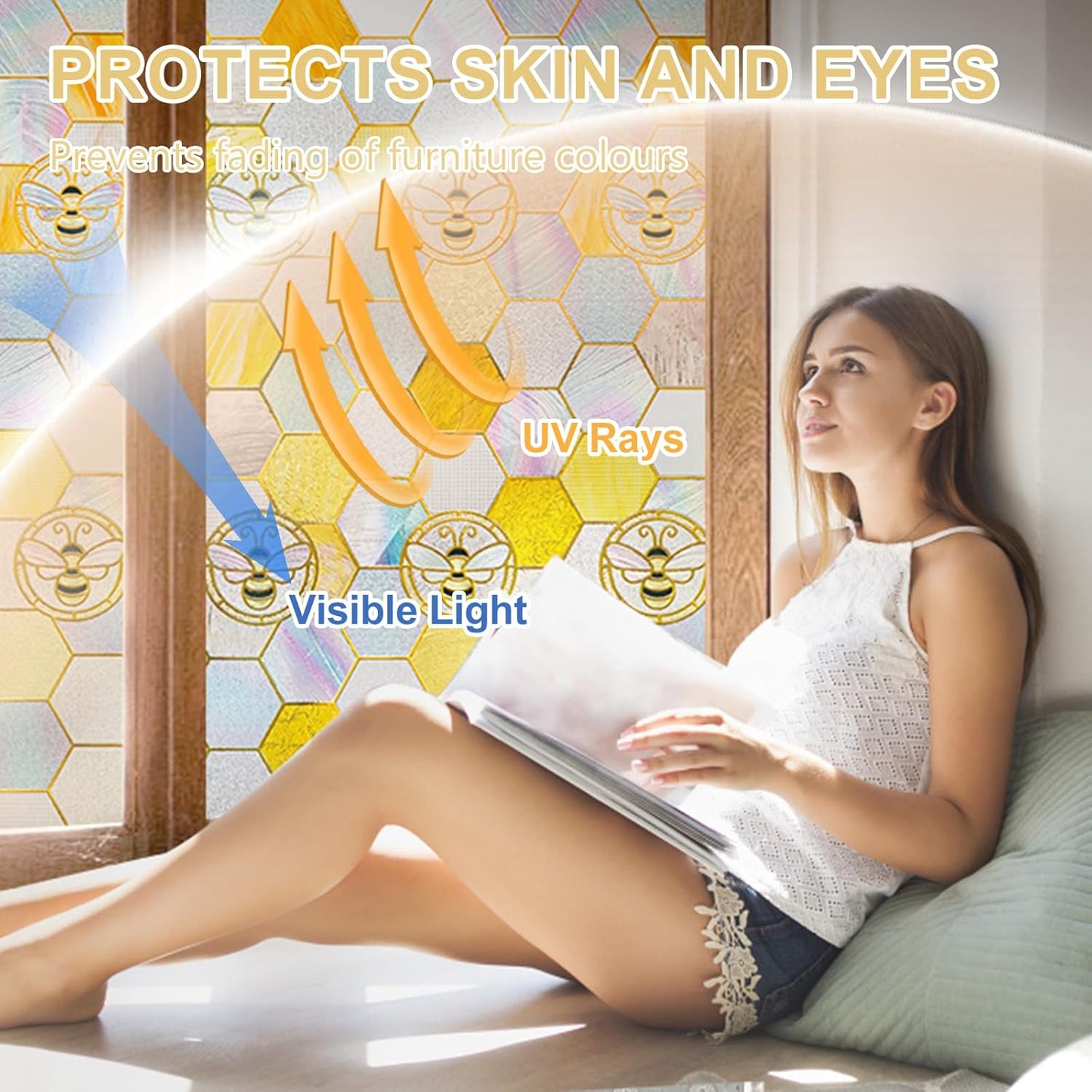 3D Stained Glass Window Privacy Film, Heat Control UV Blocking Static Cling Decorative Window Film for Bathroom,Front Door,Home Non Adhesive,16.9 x 78.7 inches Honey