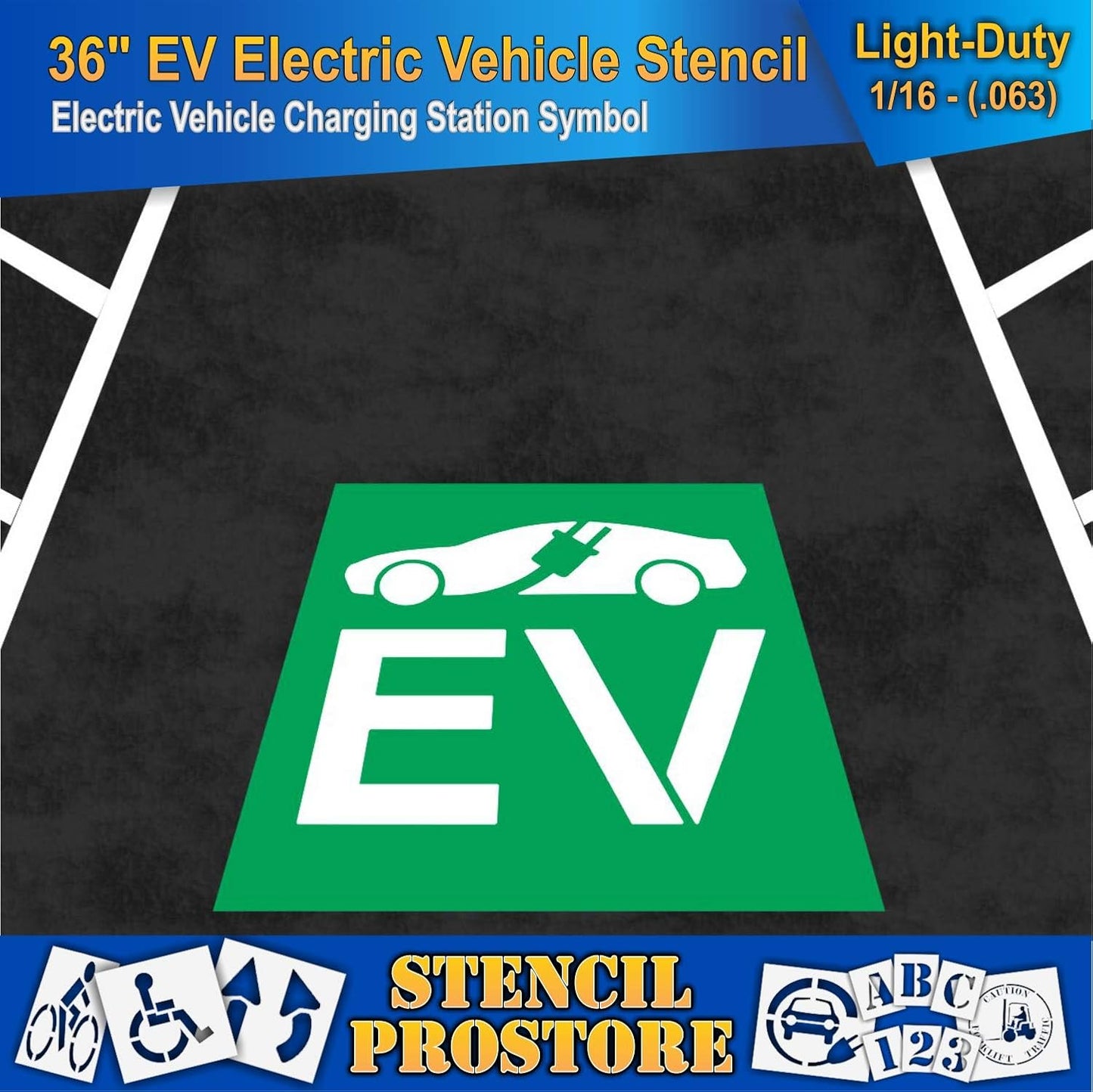 Pavement Stencils - 36 in - Electric Vehicle Silhouette with Plug and EV Letters - 35'' x 41'' x 1/16" (63 mil) - Light-Duty