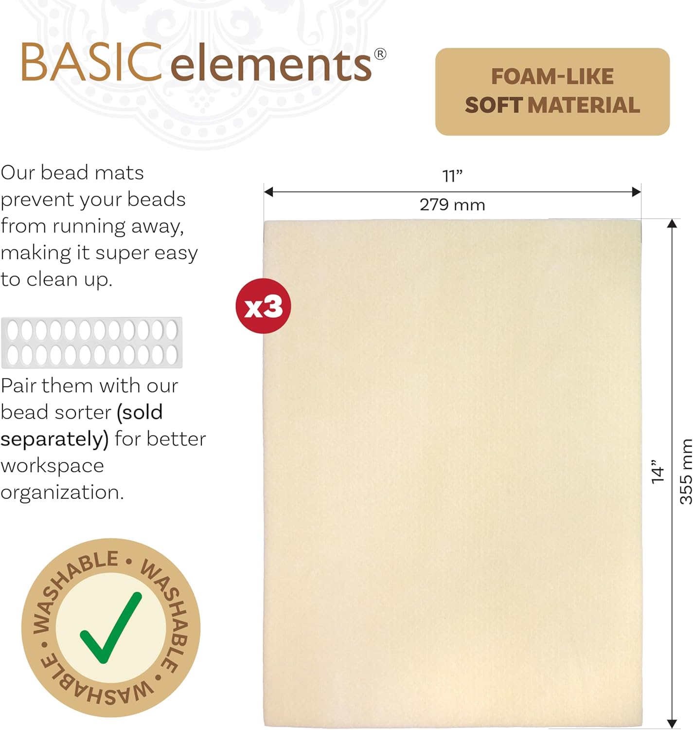 The Beadsmith Beading Mats Set – Double-Sided Stringing Work Mats, 3-Pack, 11"x14" Each, Washable, Wrinkle-Free, Soft Foam-Like Texture