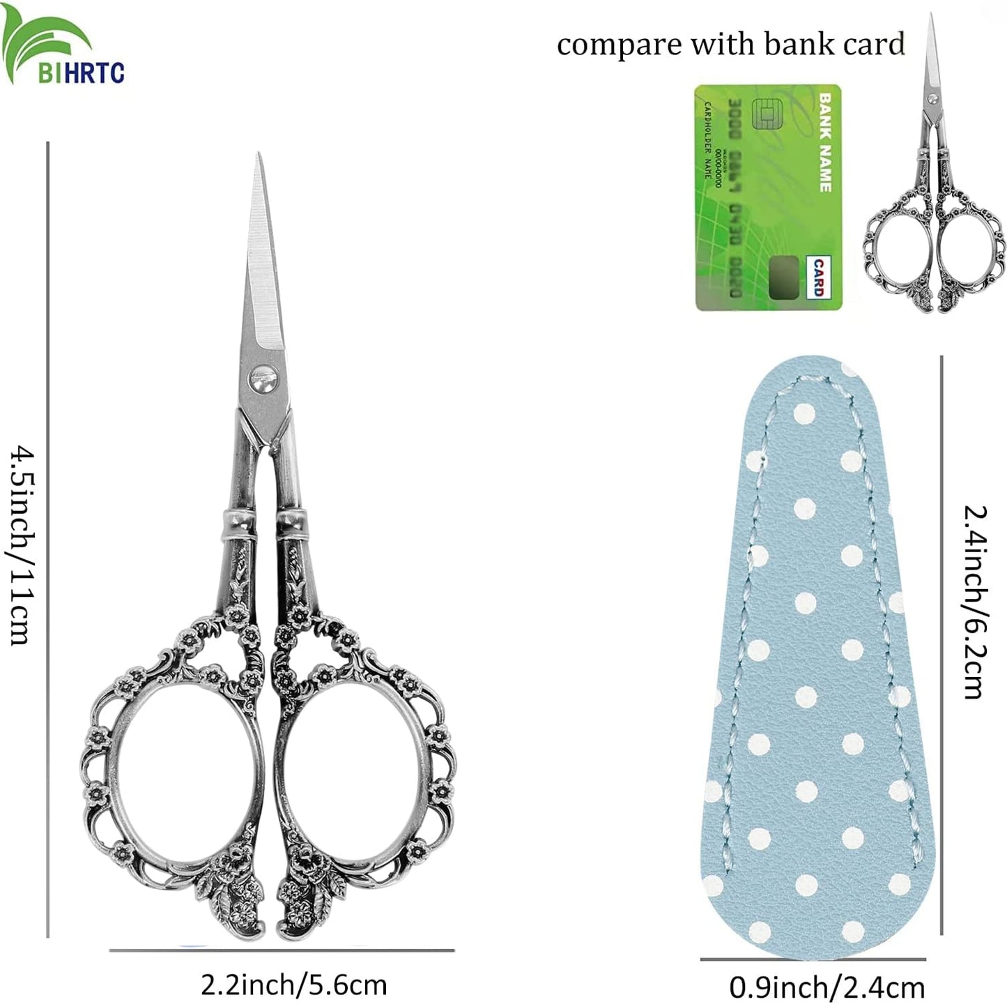 BIHRTC 4.5inch Sewing Embroidery Scissors Craft Scissor with Leather Case Sharp Tip Stainless Steel Scissors Shear for Office Home Sewing Supplies Cross Stitch Needlework DIY Antique Pewter