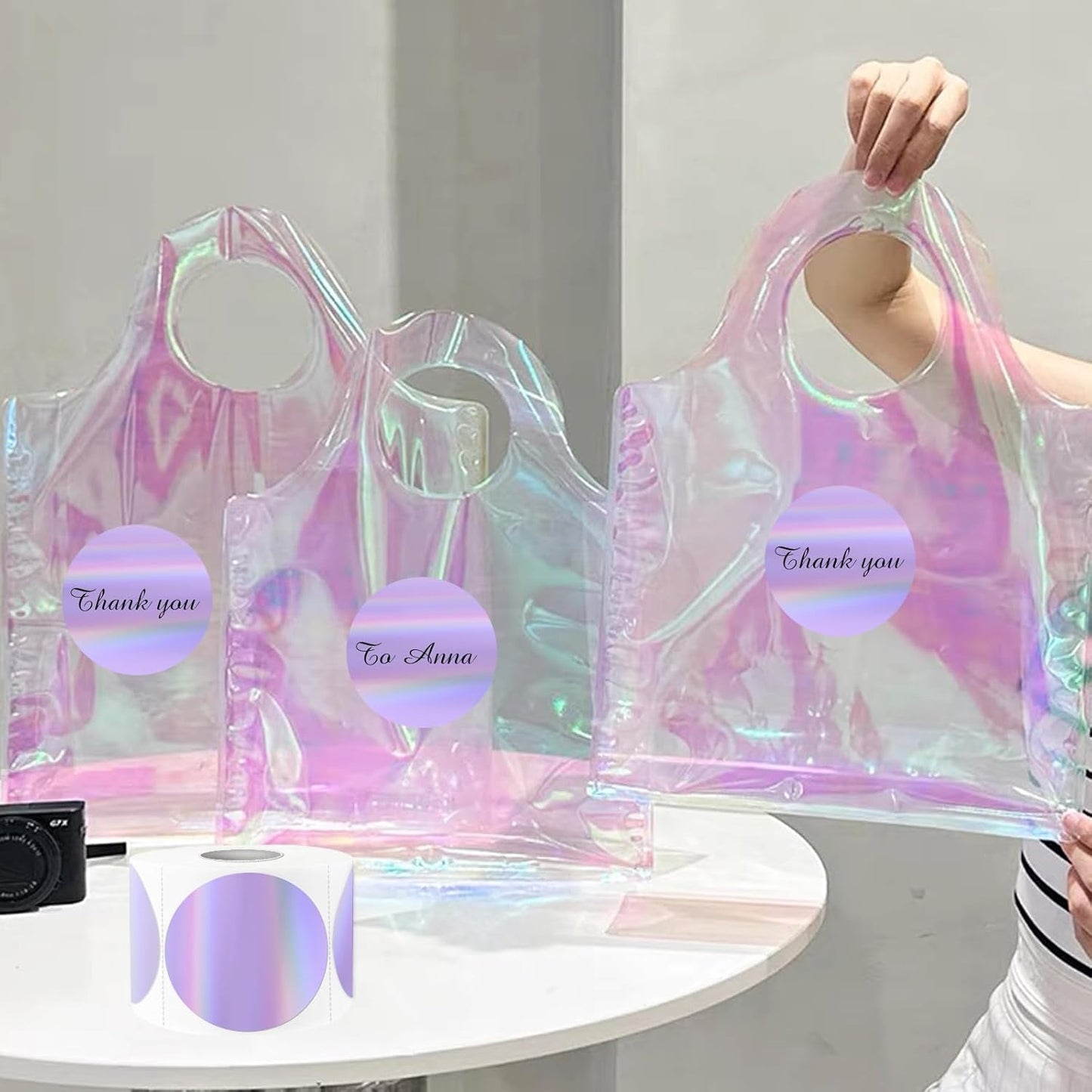 2" Circle Holographic Thermal Label Stickers, Round Printable Rainbow Glitter Thermal Printer Sticker Labels for Gift Wrapping, Self-Adhesive Name Price Tag DIY Custom Logo Design- Purple