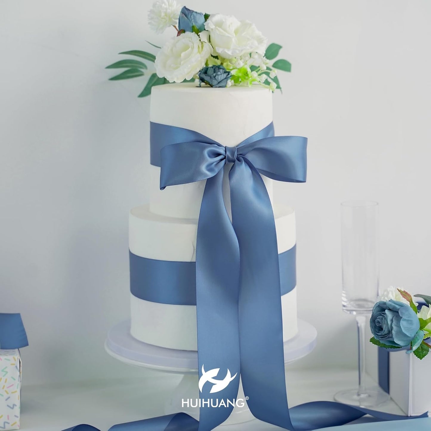 HUIHUANG Smoke Blue Ribbon 2 inch Wide Double-Faced Blue Satin Ribbon for Crafts, Bows Making, Flower Bouquet Wrap, Gift Wrapping, Wedding Bridal Shower Decor, Home Decor -25 Yards/Roll