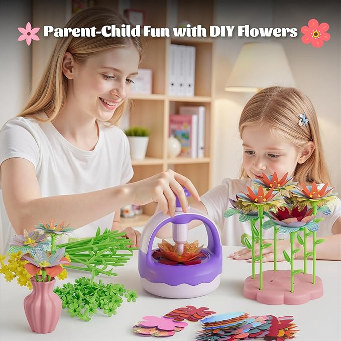 Fabric Flower Bouquet Craft Kit, DIY Arts & Crafts Toy for Kids, Creative Flower-Making Activity Set, Educational Preschool Toy, Perfect Birthday & Christmas Gift for Girls Ages 4 5 6 7 8+ (purple)