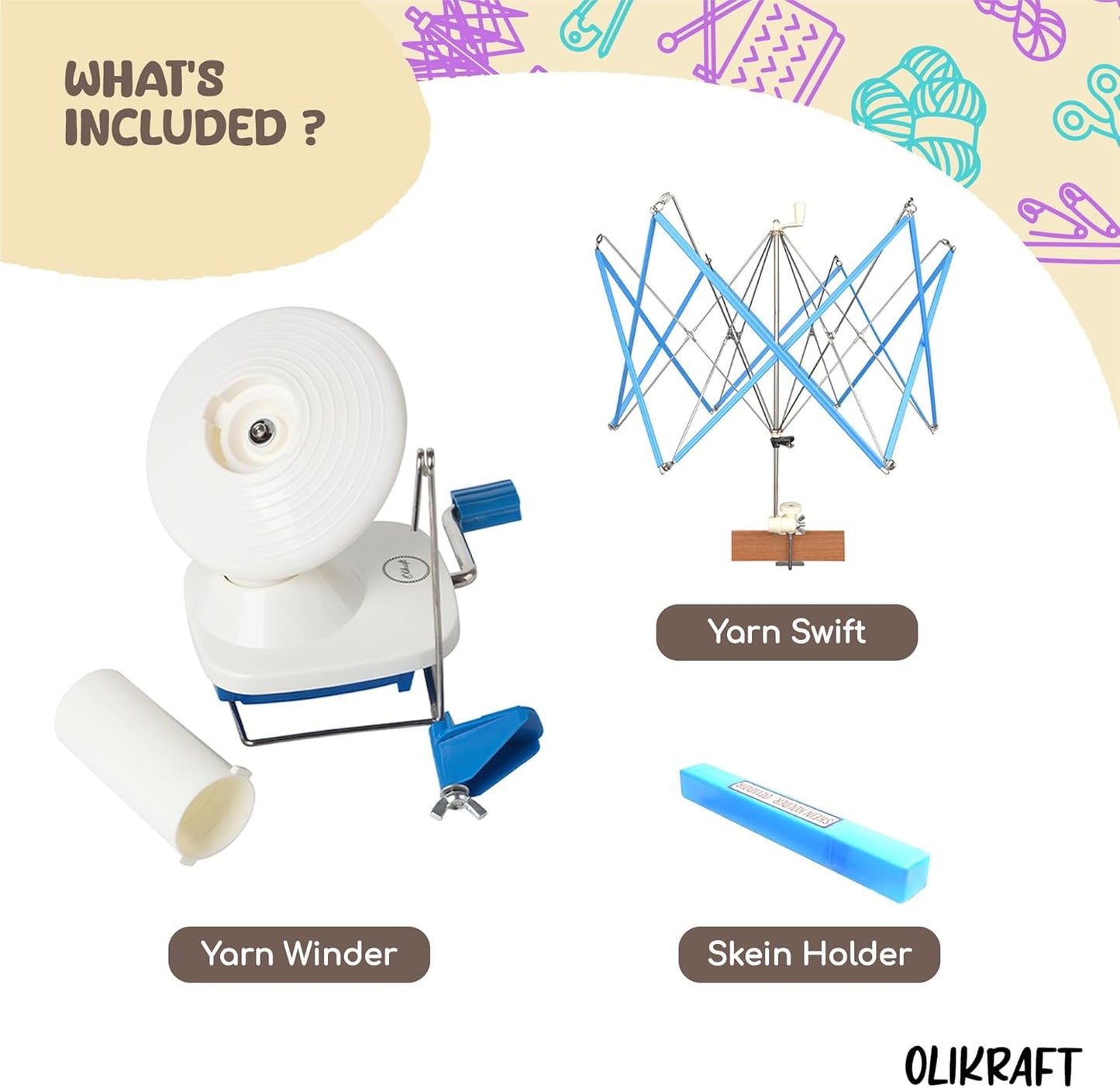 Olikraft Crochet Yarn Winder for Crocheting and Umbrella Swift (with Skein Holder) Combo Set - Yarn Spinner for Crocheting, Cake Ball Winder, Roller, Baller, Spooler
