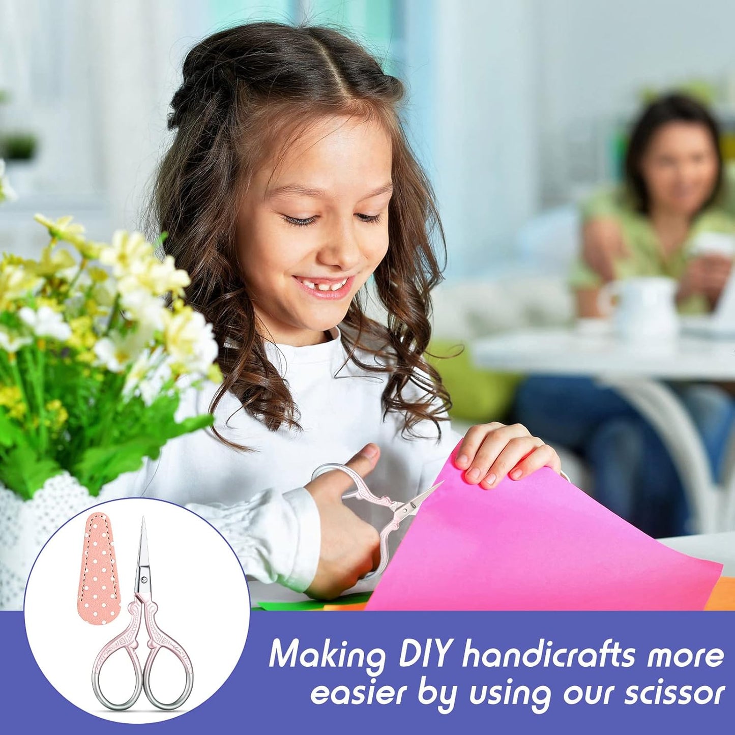 Honoson 4 Pcs Sewing Embroidery Scissors with 4 Pcs Artificial Leather Cover 3.6 Inch Stainless Steel Stork Scissors Vintage Embroidery for Needlework Manual Sewing Handicraft(Fresh Colors)