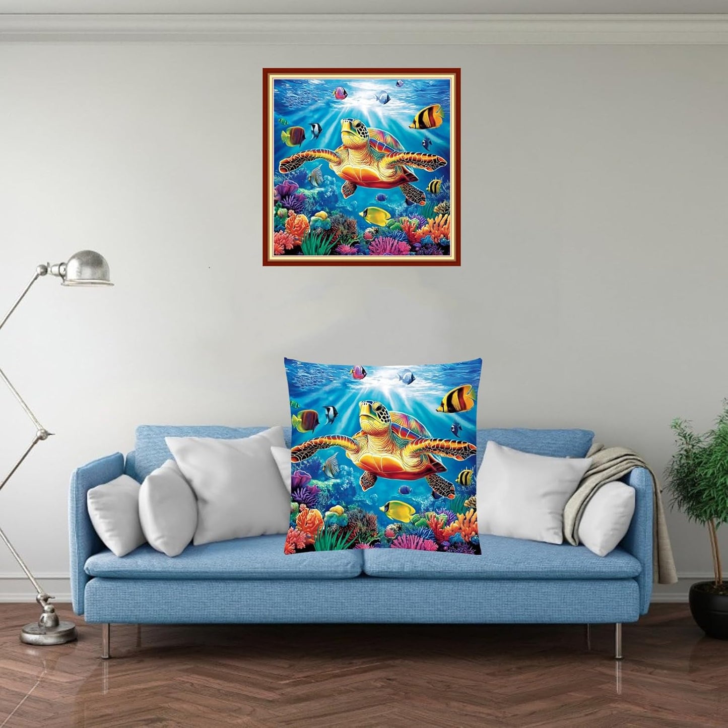 Fanxvivy Stamped Cross Stitch Kits for Adults Beginners Pillow Needlepoint Kit with Embroidery Pattern Needlework Kit Prestamped Stitches Kit 11CT Cross Stitching-Turtle Underwater World 18x18 inch