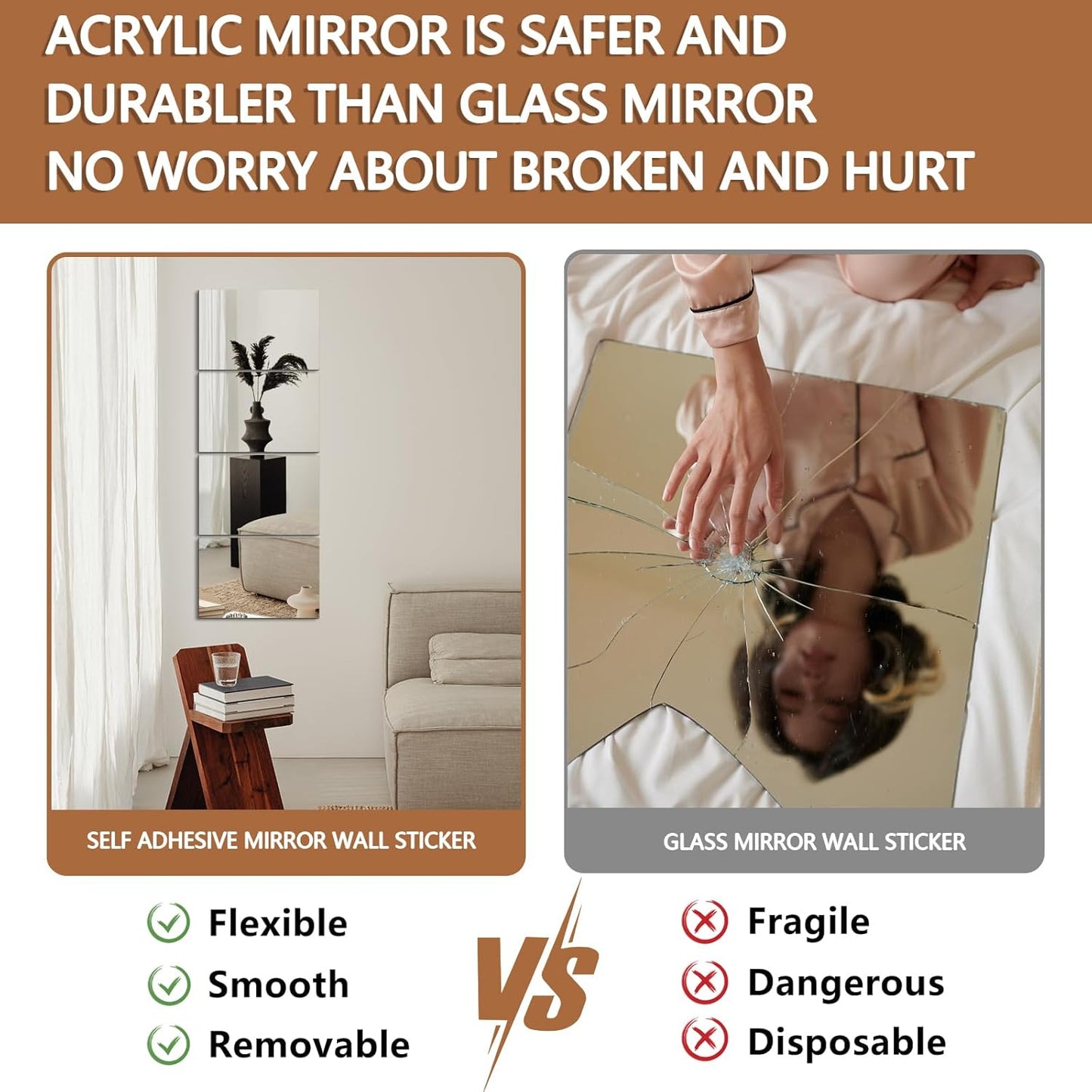 8PCS Self-Adhesive Acrylic Mirror Tiles, Flexible Wall Stickers, Frameless Non-Glass Mirror Stickers, 20 * 30cm, 2mm